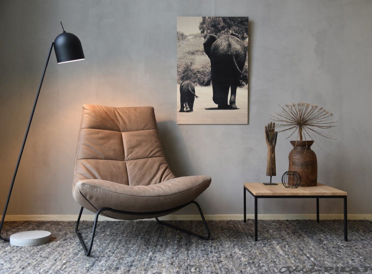 Fauteuil Hugo in taupe leer met sledepoot - Alle Pilat